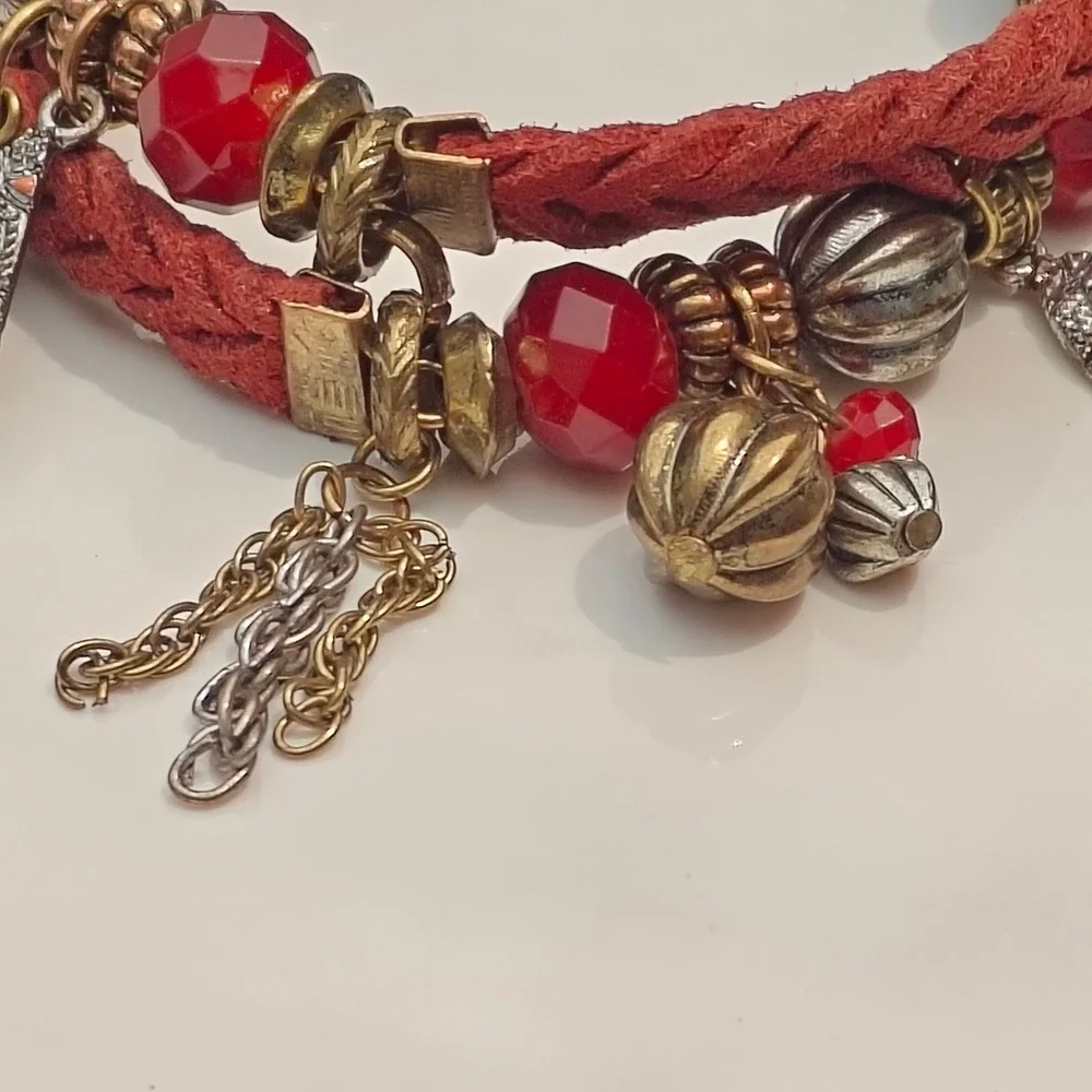 Red Burgundy Braided Suede Charm Bracelet Chunky Boho Beads Gold Silver Tone